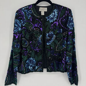 Vintage Oleg Cassini Black Tie Sequin Beaded Silk Blazer Dinner Jacket M